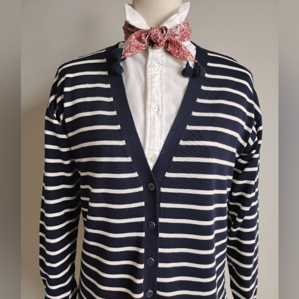 Talbots Cotton Blend Nautical Coastal Breton Stripe Cardigan Sweater Size Small